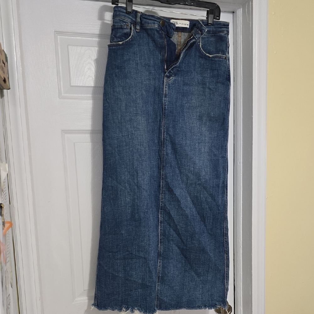 Zara Dark Blue Denim Maxi A-Line Skirt
